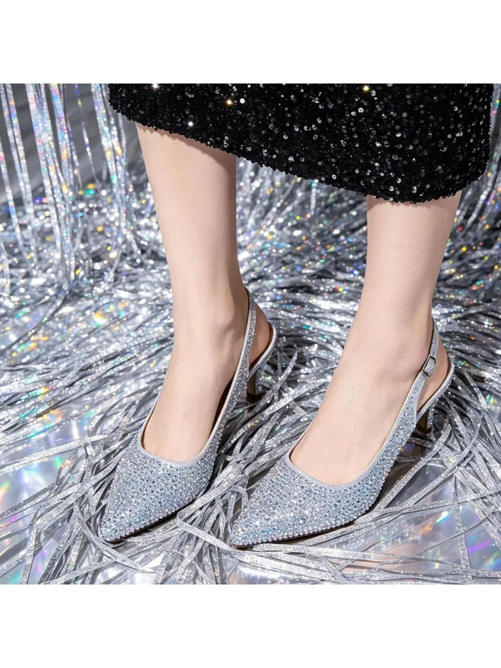 Womens Silver Rhinestone Slingback Pump Closed Toe Elegant Low Kitten Heel Shoes